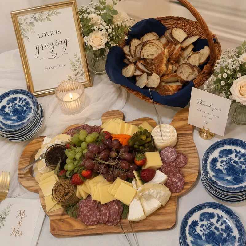 A grazing board of cheese, charcuterie and fruit beside a &lsquo;Love is grazing&rsquo; sign and blue willow plates