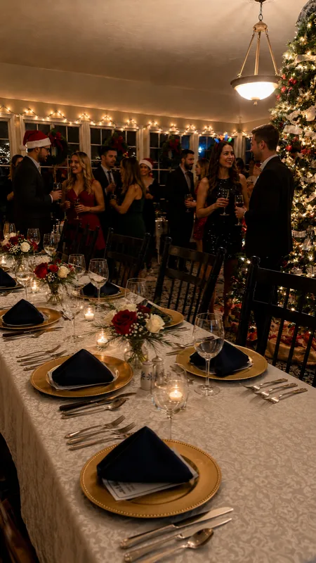 Guests gathered at a long holiday table beside a Christmas tree