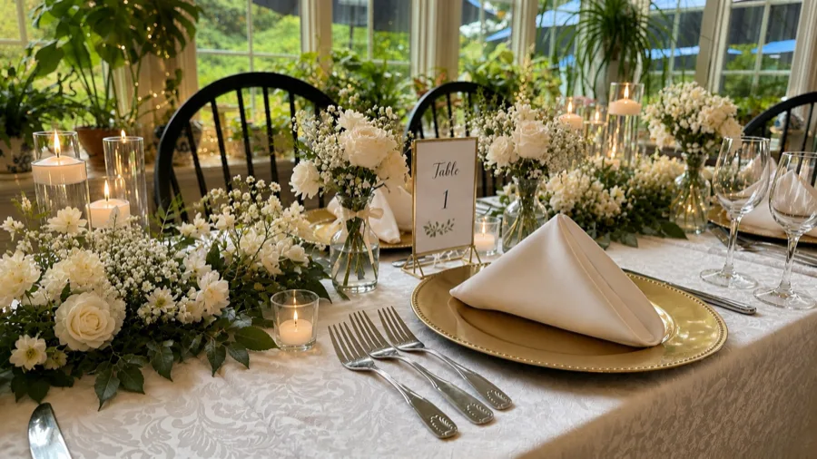 A long table set with gold chargers, white florals and candles