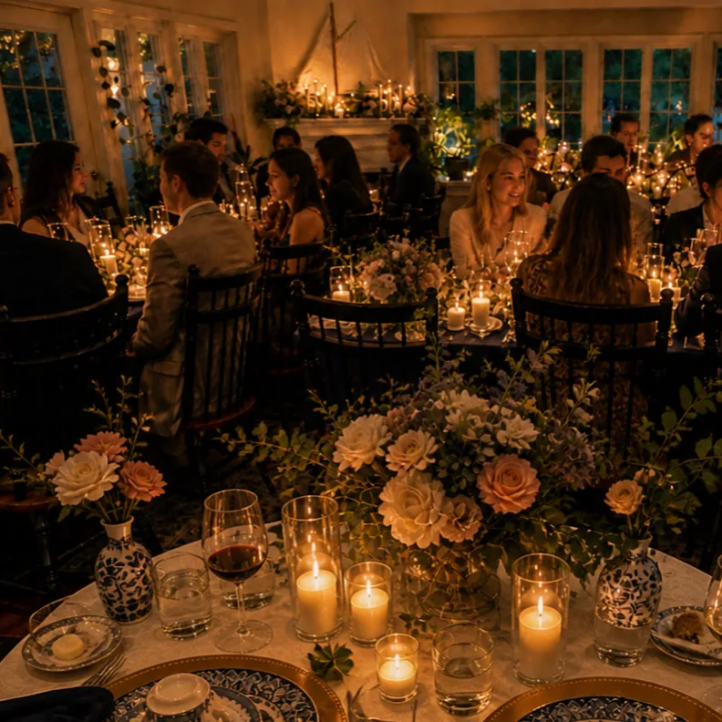 A candlelit dinner party with guests around a table of flowers
