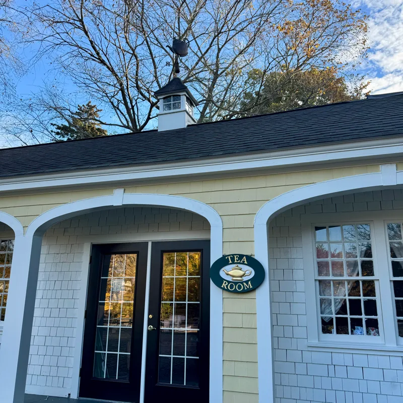 The Dunbar Tea Room entrance with its arched doorways and cupola