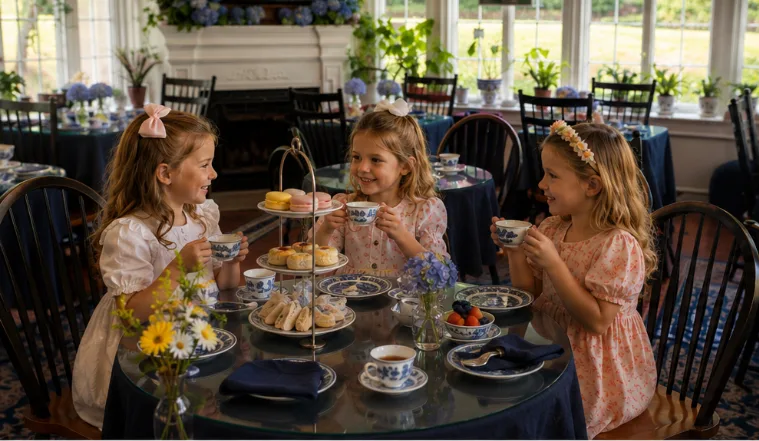 Three little girls sharing a tea party at a table set with a tiered stand